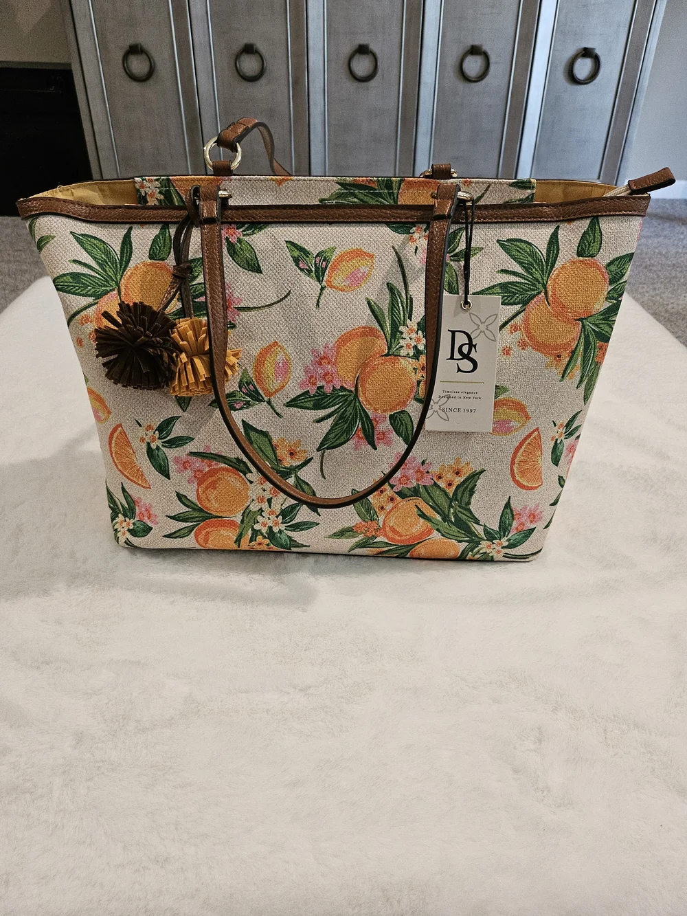 D S Designed in New York Canvas Tote Bag in Orange Green Floral Citrus Print O/S